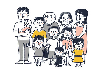 祖父母を含む子沢山の大家族　コミカルな手書きの人物　ベクター、温かみのある線画