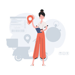 A woman stands in full growth and holds a navigation sign in her hands. Delivery. Element for presentations, sites.