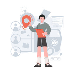 A man stands in full growth and holds a navigation sign in his hands. Delivery. Element for presentations, sites.