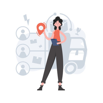 A Woman Stands In Full Growth And Holds A Geolocation Icon In Her Hands. Delivery. Element For Presentations, Sites.