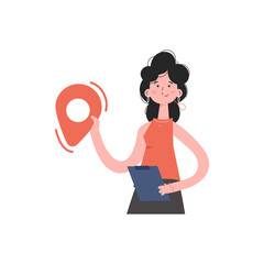 A woman stands waist-deep and holds a geolocation icon in her hands. Isolated. Element for presentations, sites.