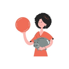 A woman is waist-deep holding a piggy bank. Isolated. Element for presentations, sites.