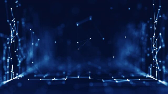 Abstract concepts of cybersecurity technology and digital data protection. Internet network connection with slow moving polygons with dark blue background. Big data.