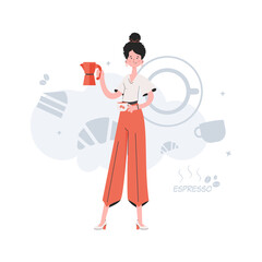 A woman stands in full growth in her hands a cup. Coffee shop. Element for presentations, sites.