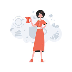A woman stands in full growth in the hands of coffee. Coffee shop. Element for presentations, sites.