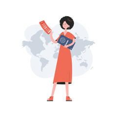 A woman stands in full growth holding a boarding pass and a passport. Travel. Element for presentations, sites.