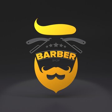 Black and gold barber shop logo. 3d render illustration