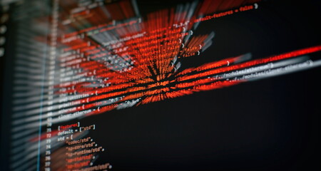 Security code on a computer display, close up. Database bits access stream visualisation. Php language and coding function developer