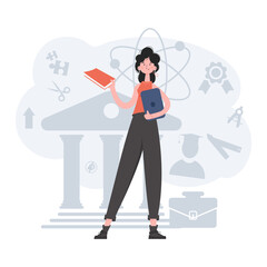 A woman stands in full growth with a book and a tablet. Online school. Element for presentations, sites.