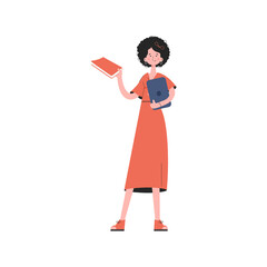A woman stands to her full height and holds a textbook in her hands. Isolated. Element for presentations, sites.