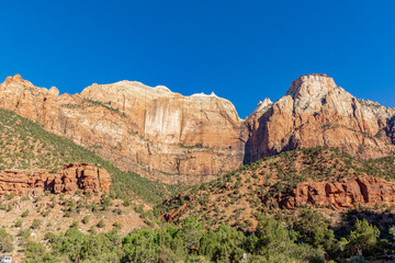 scenic mountains at Zion national Park seen from valley