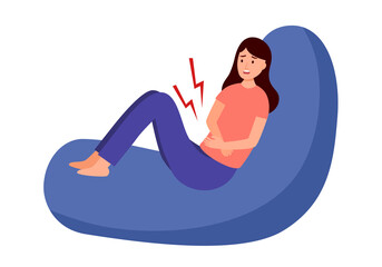 Woman feel pain in stomach concept vector illustration on white background. Diarrhea or constipation. Abdomen disease and illness. Period pain in flat design.