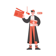 A man stands in full growth with an open clapperboard. Isolated. Element for presentations, sites.