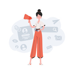 A woman stands in full growth and holds a loudspeaker in her hands. HR theme. Element for presentations, sites.