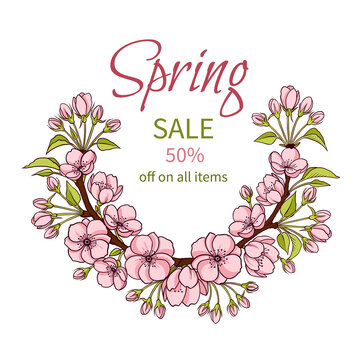 A banner of the spring summer sale with spring flowers, an advertising flyer, apple blossoms, a bouquet of flowers, an advertising offer a spring sale postcard with flowers and leaves.