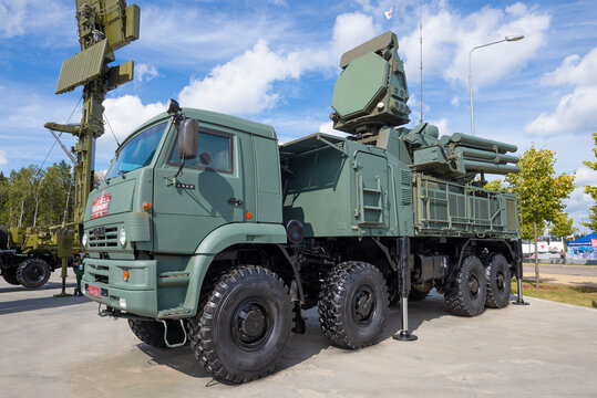 MOSCOW REGION, RUSSIA - AUGUST 25, 2020: Russian self-propelled anti-aircraft missile and gun system Pantsir-S based on Kamaz-6560 vehicle. Military-technical forum "Army-2020", Patriot Park