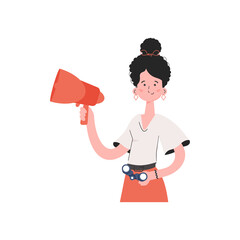 A woman stands waist-deep and holds a loudspeaker in her hands. Isolated. Element for presentations, sites.