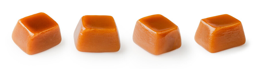 Set of caramel cubes isolated. Caramel candies on white.