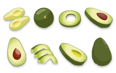 アボカドのイラストセット（ドロップシャドウ）
