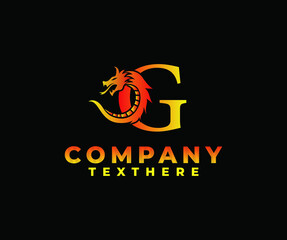 letter G logo icon with dragon design vector-fire color black background