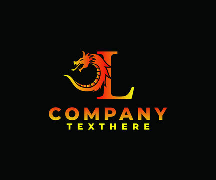 letter L logo icon with dragon design vector-fire color black background