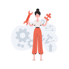 A woman stands in full growth and holds a wrench in her hands. Tech support. Element for presentations, sites.
