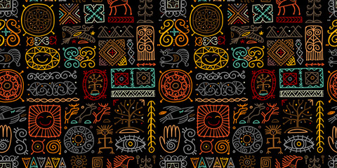 Ethnic handmade ornament, Folk Vintage Symbols. Seamless Pattern for your design