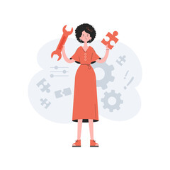 A woman stands in full growth with a puzzle in her hands. Tech support. Element for presentations, sites.