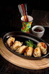 Fried gyoza dumplings with duck served with soy sauce