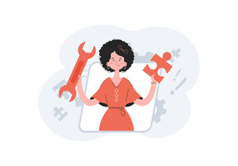 A woman stands waist-deep holding a wrench and a puzzle. Tech support. Element for presentations, sites.