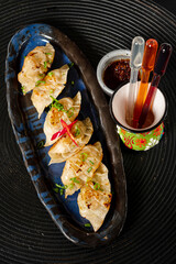 Fried gyoza dumplings with duck served with soy sauce