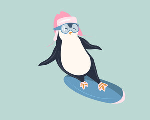 Cute cartoon Penguin on a snowboard