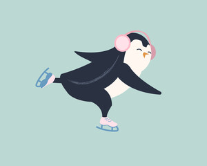 penguin skating in the swallow pose. the concept of winter sports © AnChem07