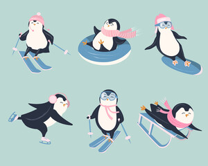vector set of cute funny different penguins who are engaged in winter leisure. Colorful childish vector illustration in flat style. All elements are isolated.  © AnChem07