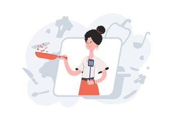 A woman stands waist-deep and holds a frying pan. Cafe. Element for presentations, sites.