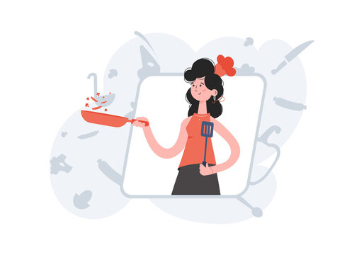 A woman stands waist-deep and holds a frying pan and a spatula. Cafe. Element for presentations, sites.