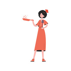 A woman stands in full growth holding a spatula in her hands. Isolated. Element for presentations, sites.