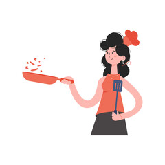 A woman stands waist-deep and holds a frying pan and a spatula. Isolated. Element for presentations, sites.