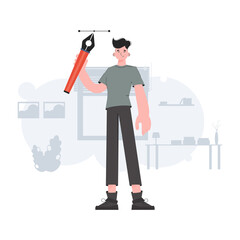 A man stands in full growth with a pen tool. Design. Element for presentations, sites.