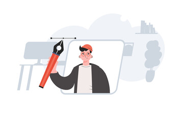 A man stands waist-deep holding a pen tool in his hands. Design. Element for presentations, sites.