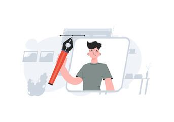 A man stands waist-deep with a pen tool. Design. Element for presentations, sites.