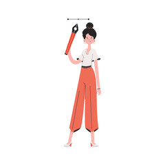 A stylish girl stands in full growth holding a pen tool in her hands. Isolated. Element for presentations, sites.