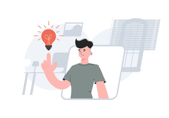A man stands waist-deep with a light bulb. Idea. Element for presentations, sites.