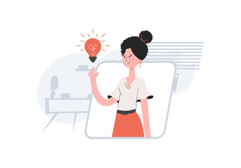 A woman stands waist-deep with a light bulb. Idea. Element for presentations, sites.