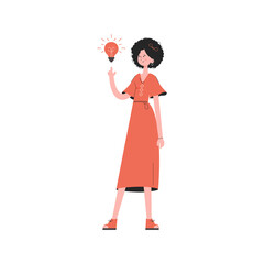 A woman stands in full growth who had an idea in the form of a light bulb. Isolated. Element for presentations, sites.
