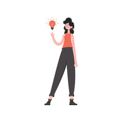 The girl stands in full growth with a light bulb. Isolated. Element for presentations, sites.