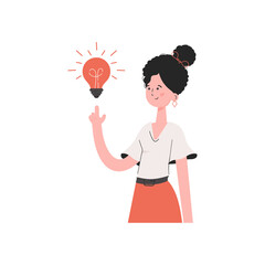 A woman stands waist-deep with a light bulb. Isolated. Element for presentations, sites.