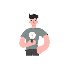 A man stands waist-deep with a light bulb in his hands. Isolated. Element for presentations, sites.