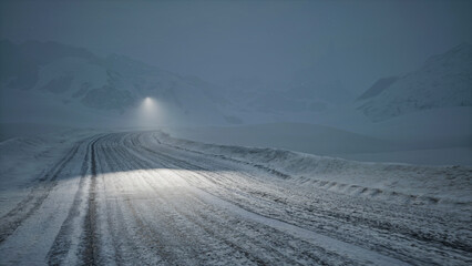 Snowy winter scenery with high moutains and snowflakes. 3d rendering