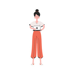 A woman is standing in full growth with a laptop. Isolated. Element for presentations, sites.